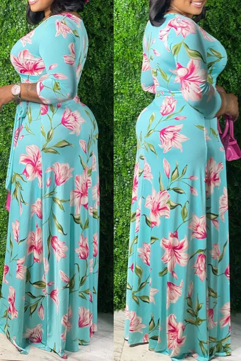 Plus Size Floral Print V-Neck Strapped Maxi Dress