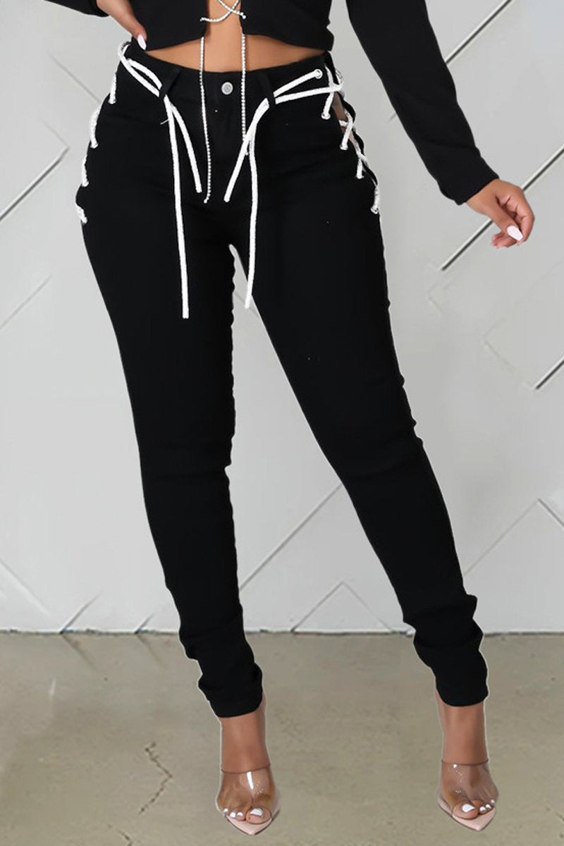 Plus Size Denim Side Bandage Long Jeans