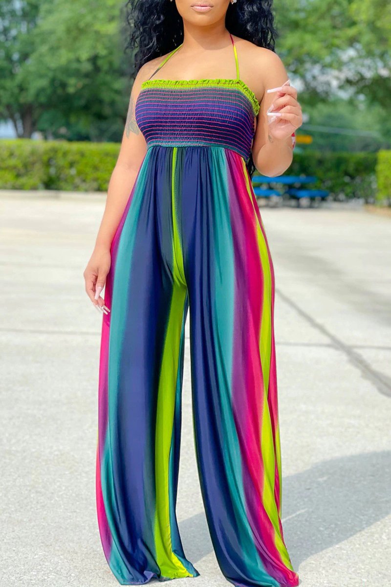 Plus Size Color Splicing Hang Neck Jumpsuit
