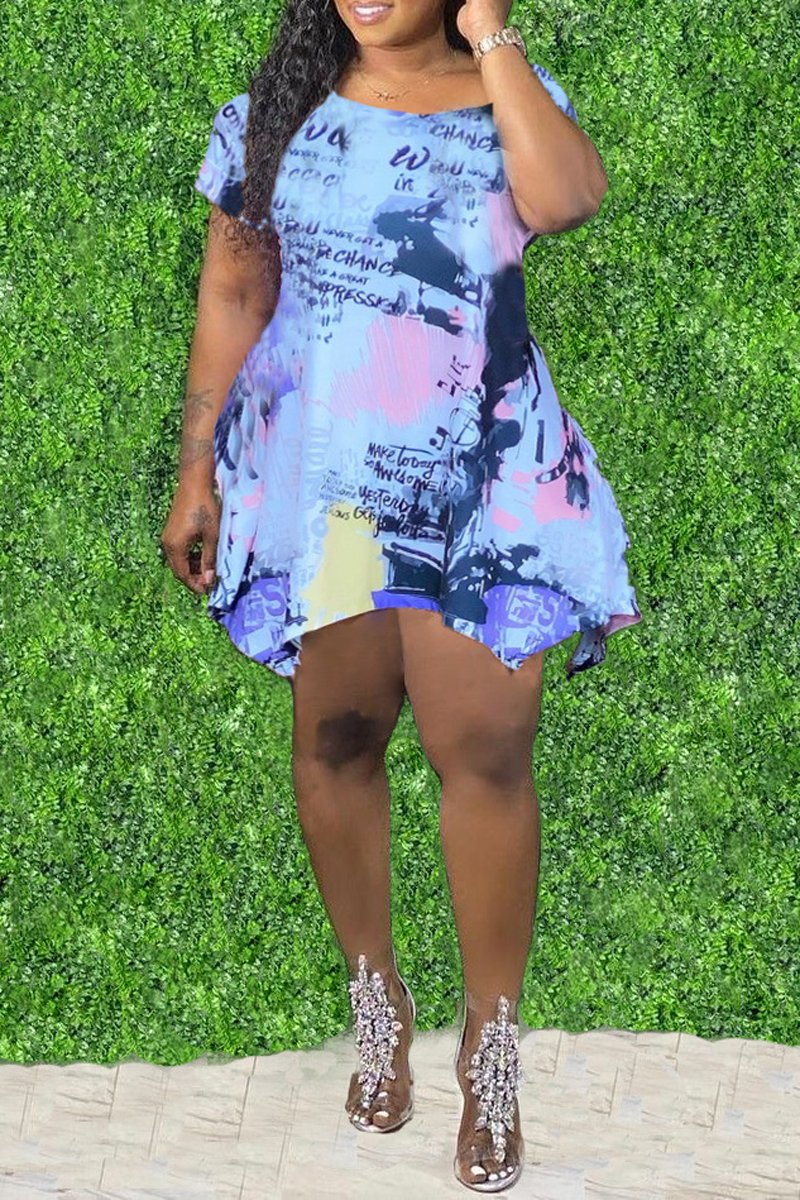 Plus Size Digital Print Irregular Hem Mini Dress