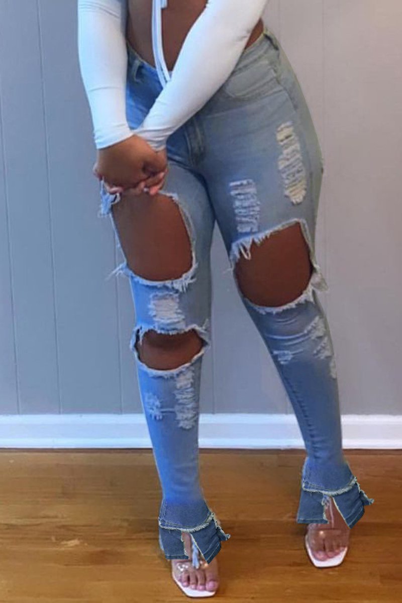 Plus Size Denim Hole Distressed Flared Jeans