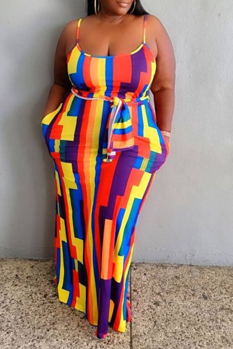 Plus Size Color Splicing Halter Neck Maxi Dress