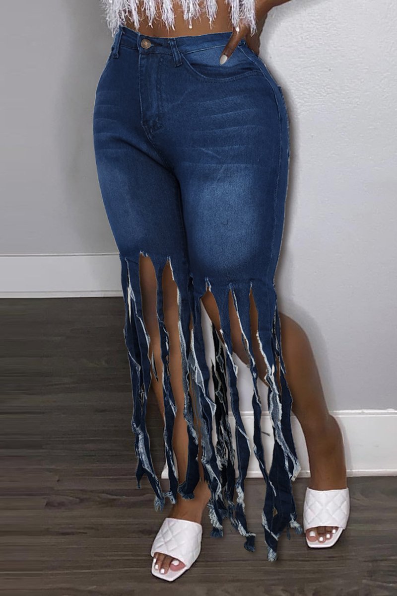 Plus Size Denim Tassel Hem High Waist Jeans