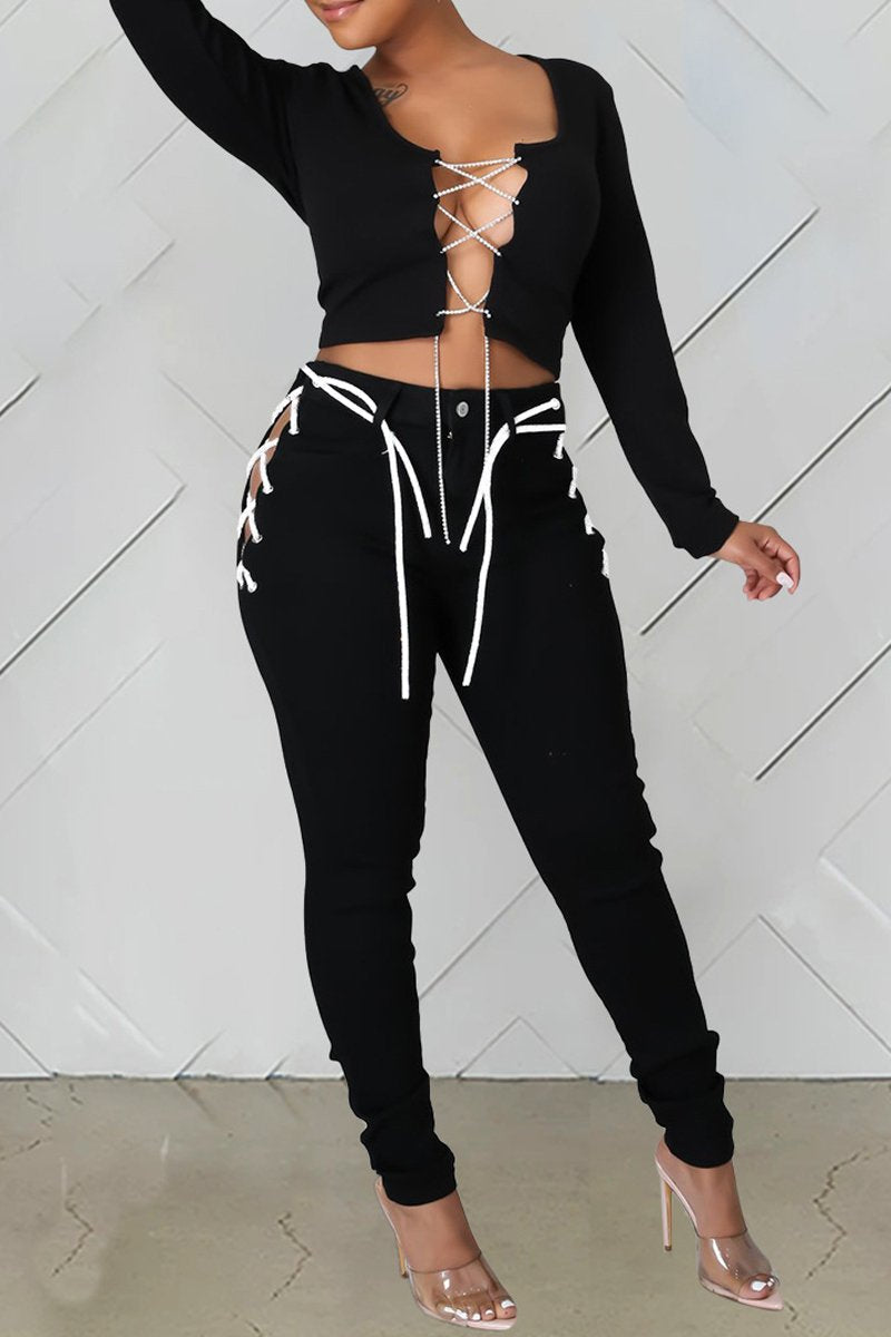 Plus Size Denim Side Bandage Long Jeans