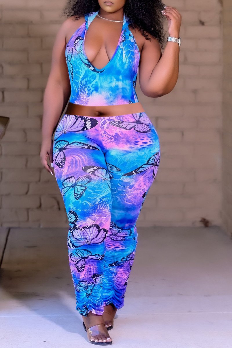 Plus Size Butterfly Print Hooded Two Piece Sets
