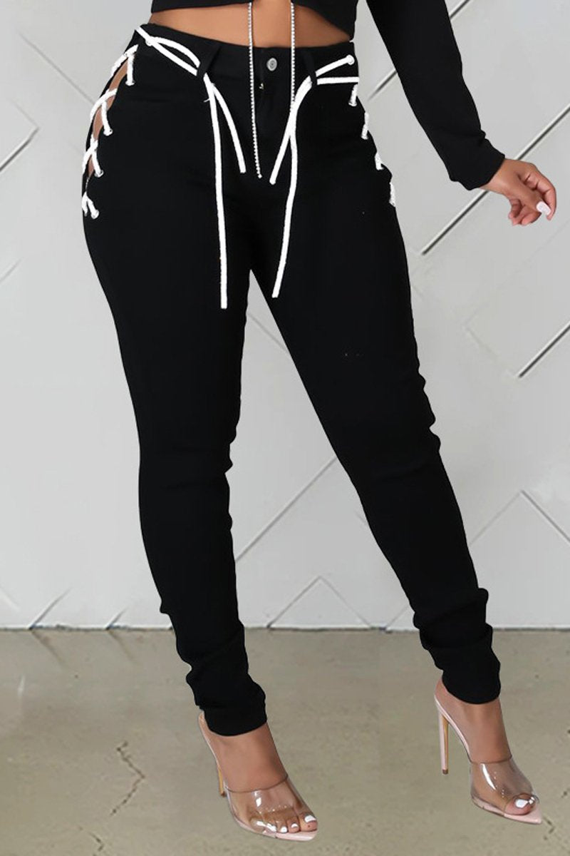 Plus Size Denim Side Bandage Long Jeans