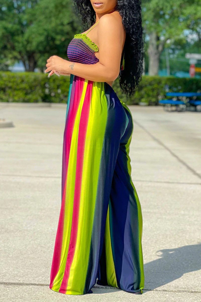 Plus Size Color Splicing Hang Neck Jumpsuit