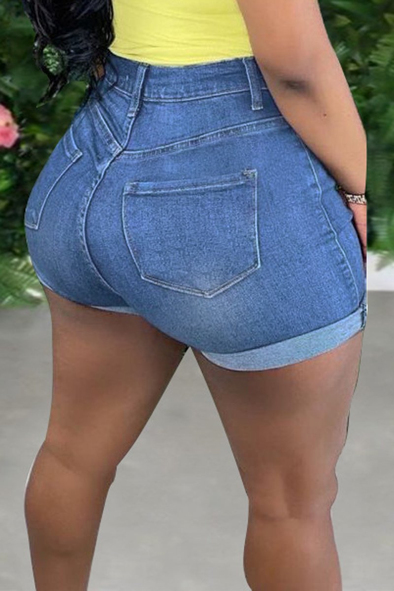 Plus Size Denim Blue High Waist Beading Shorts
