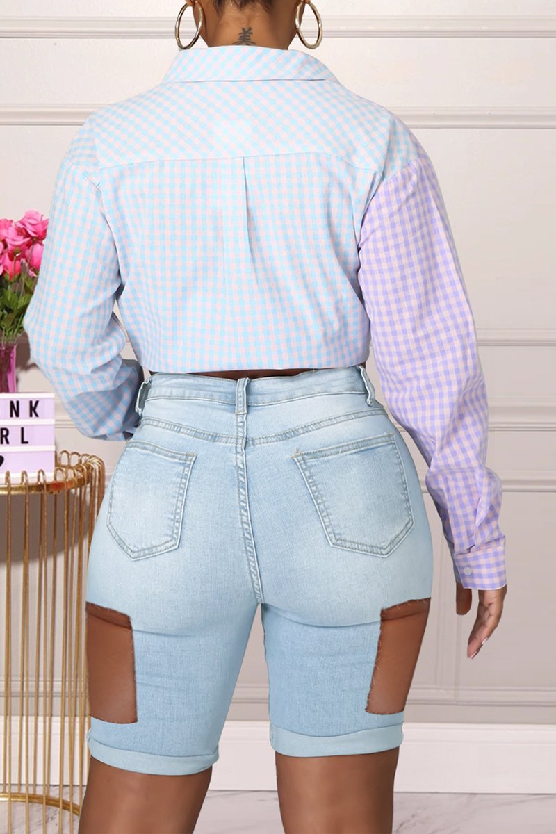 Plus Size Denim Blue Hole Pocket Shorts