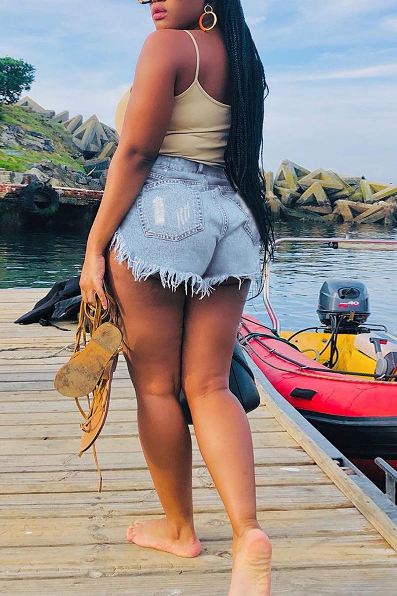 Plus Size Denim Button Up Tassel Hem Shorts