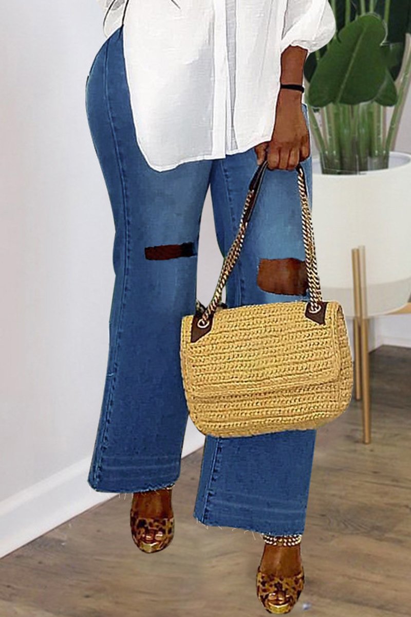 Plus Size Denim Wide Leg Hole High Waist Jeans