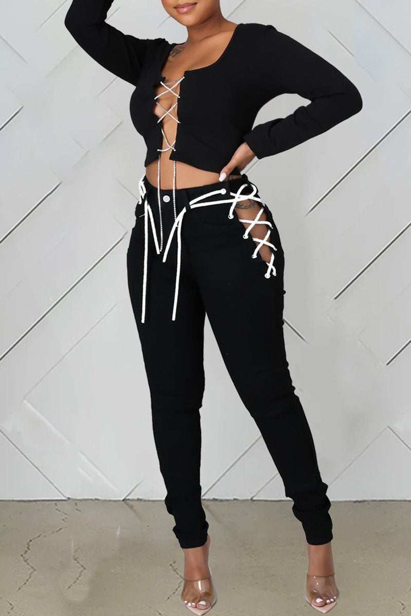 Plus Size Denim Side Bandage Long Jeans