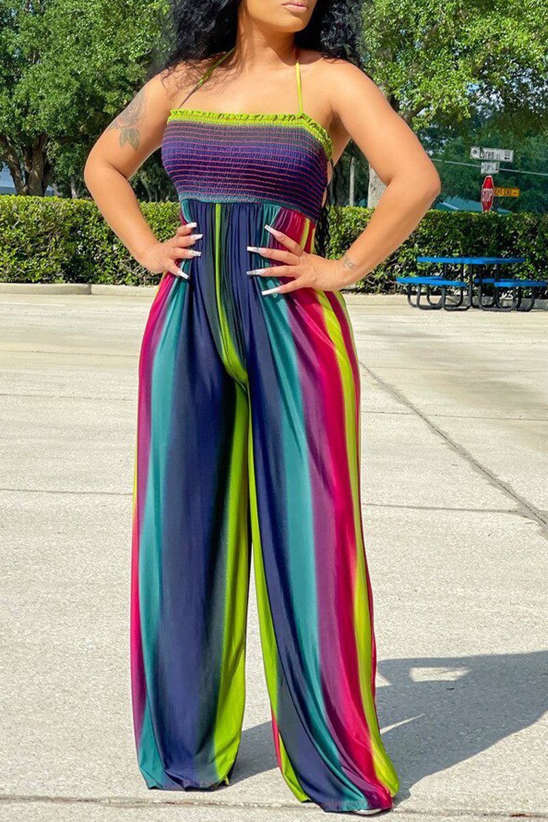 Plus Size Color Splicing Hang Neck Jumpsuit