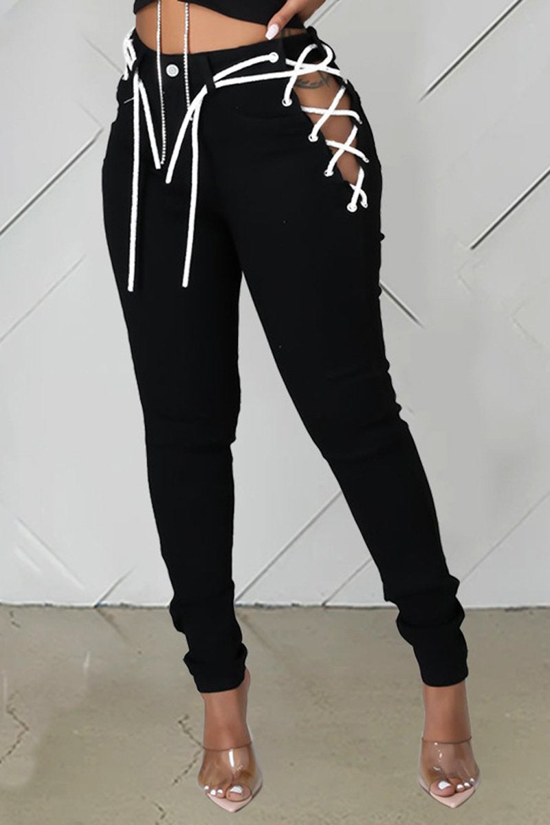 Plus Size Denim Side Bandage Long Jeans