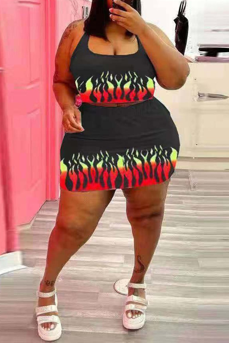Plus Size Fire Print Hang Neck Two Piece Sets