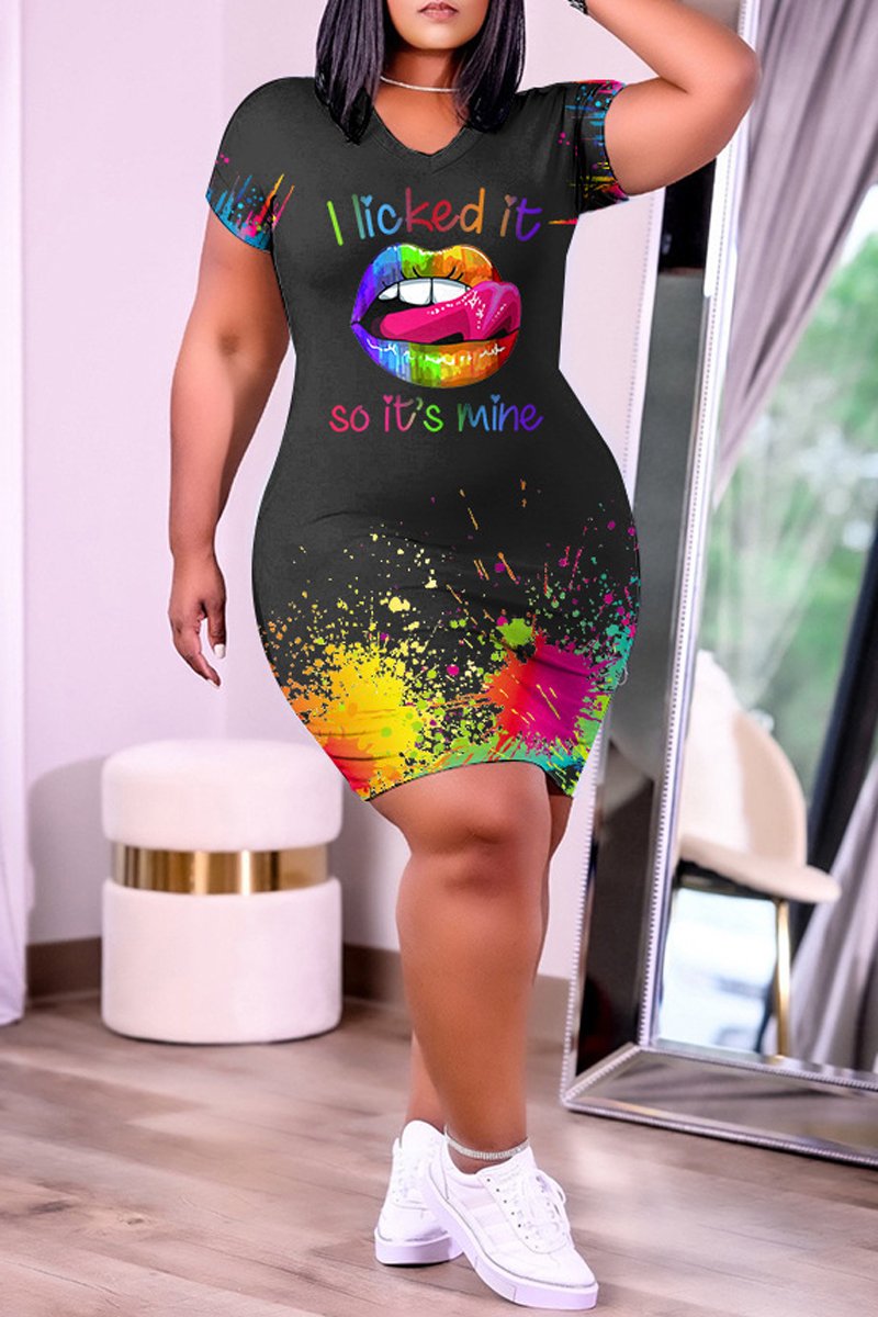 Plus Size Digital Print V-Neck Short Sleeve Midi Dress