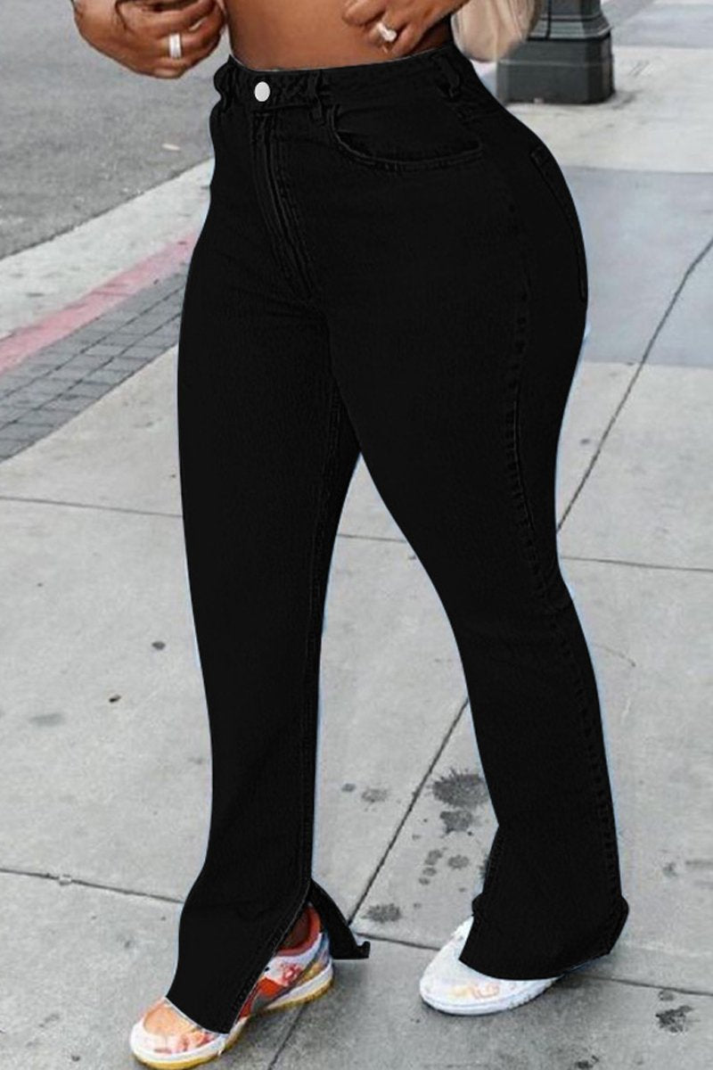Plus Size Denim High Waist Side Slit Jeans