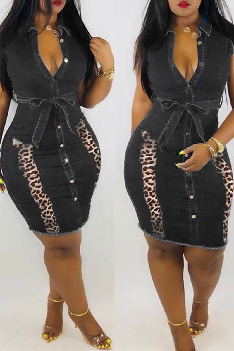 Plus Size Denim Leopard Patchwork Button Dress