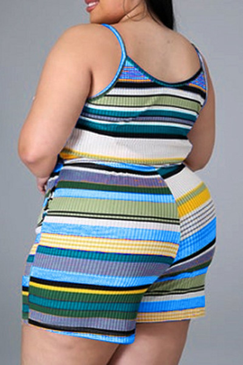Plus Size Colorful Striped Halter Neck Top & Shorts