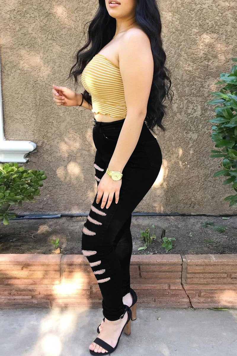 Plus Size Denim Hole High Waist Jeans
