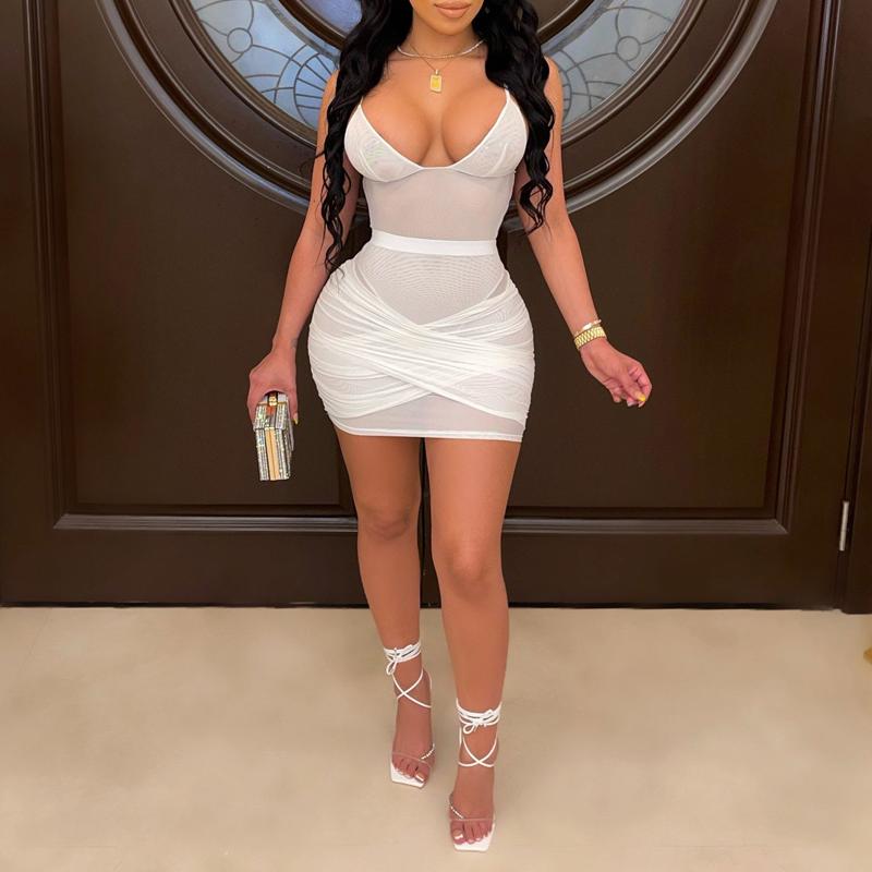 Plus Size Bandage Halter Neck See Through Mini Dress