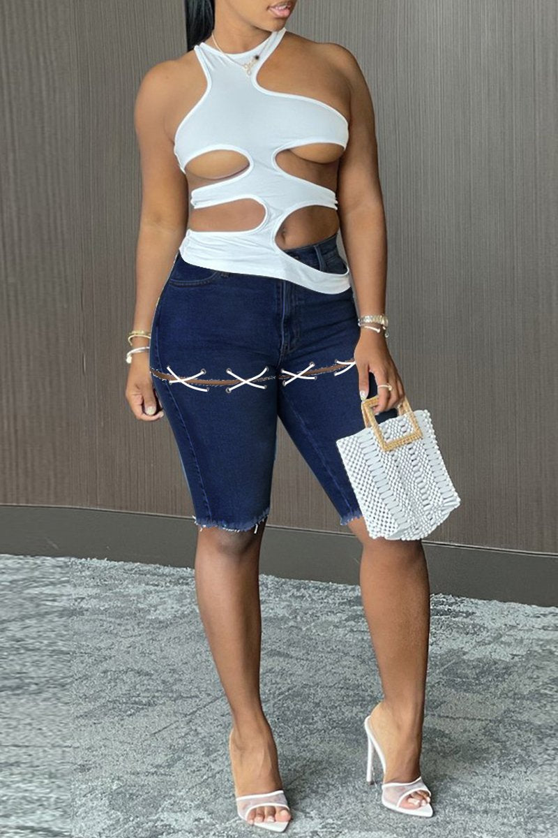 Plus Size Denim Blue Pocket Bandage Shorts