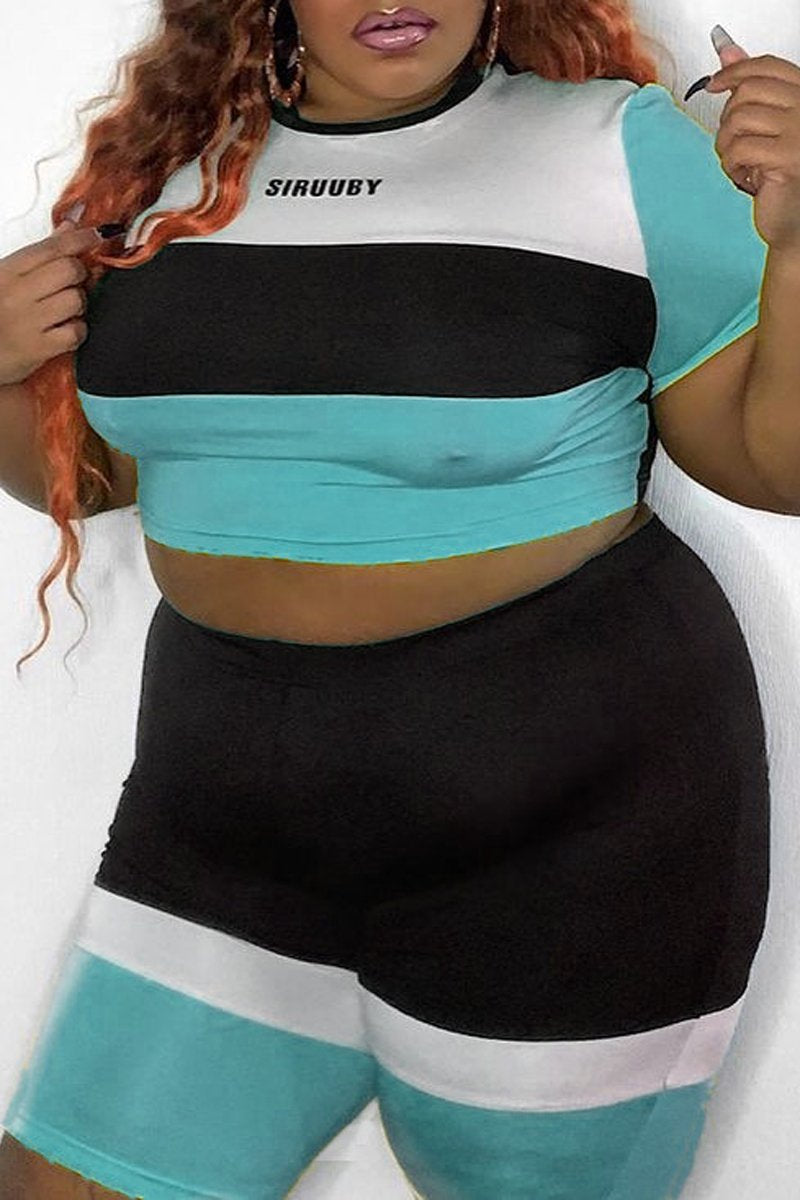 Plus Size Color Patchwork Letter Print Top & Shorts