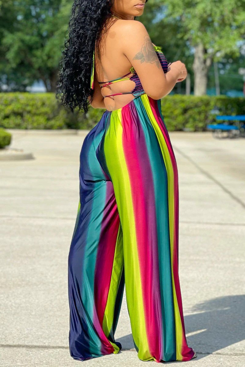 Plus Size Color Splicing Hang Neck Jumpsuit