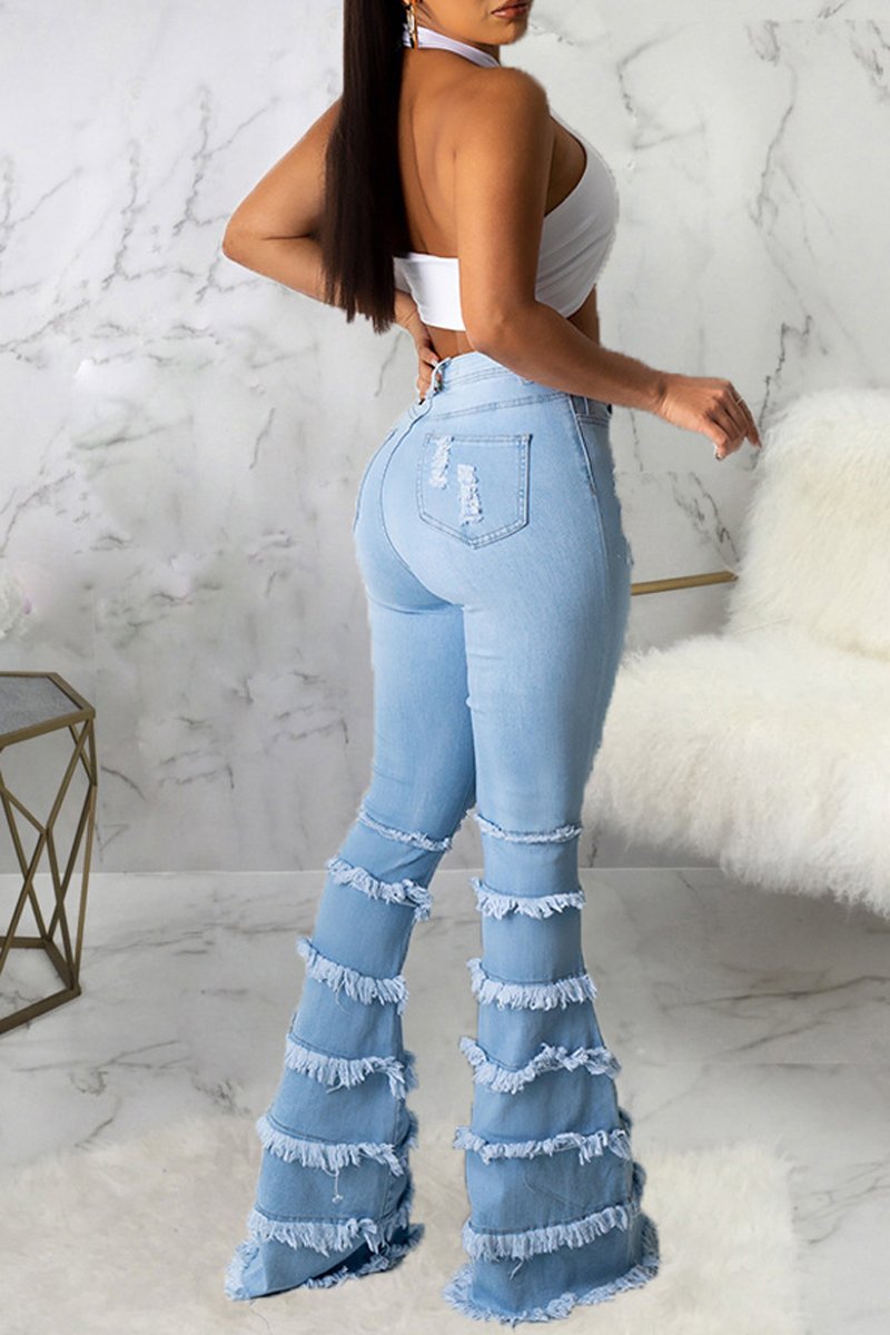 Plus Size Denim Tassel Hem Hole Tiered Jeans