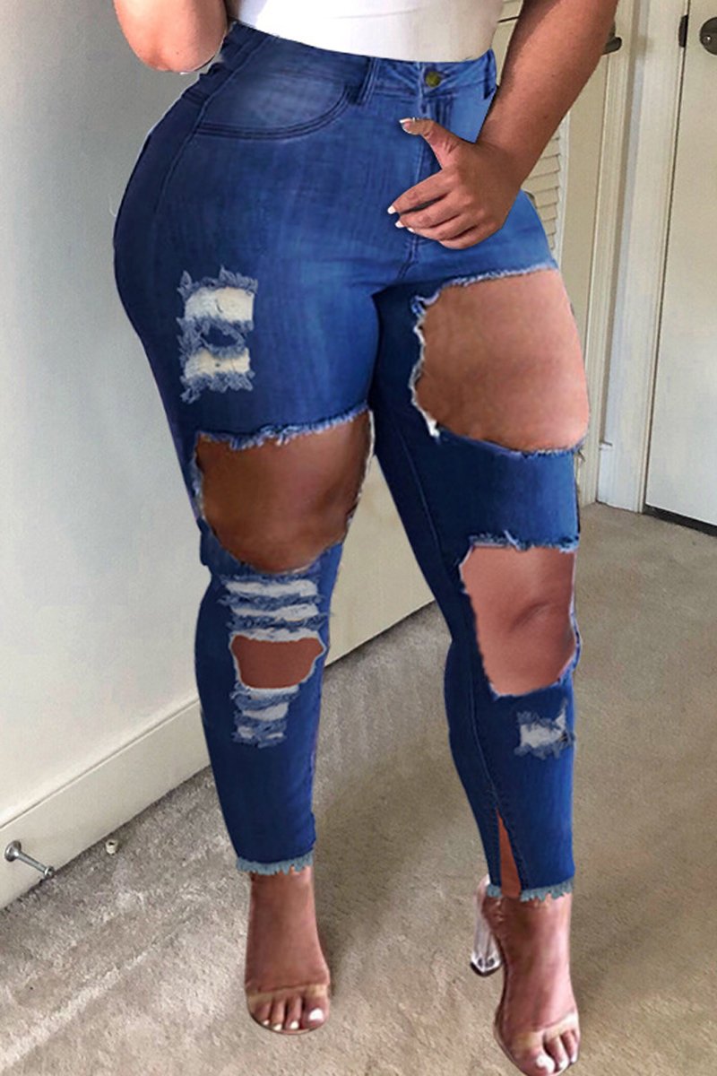 Plus Size Denim Hole Distressed Skinny Jeans
