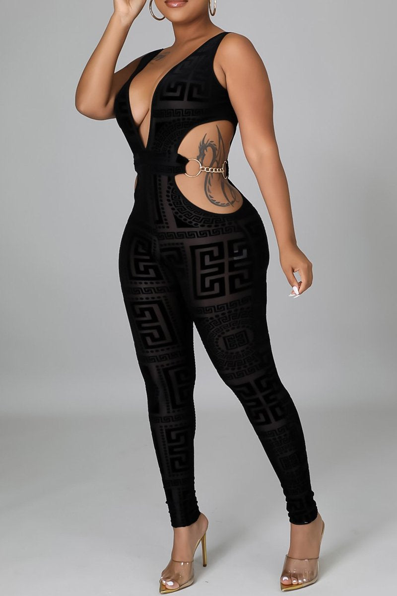 Plus Size Deep V-Neck Printed Hollow Out Jumpsuit