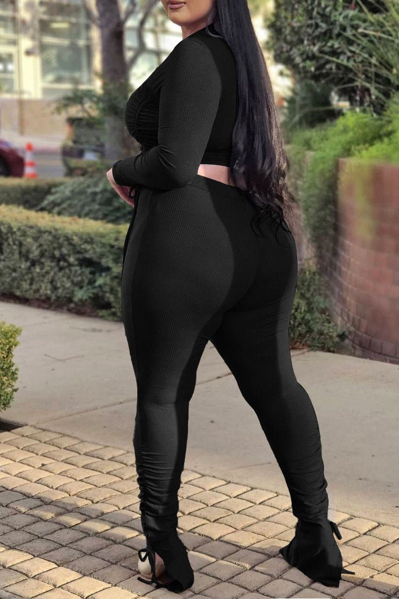 Plus Size Drawstring Long Sleeve Two Piece Sets