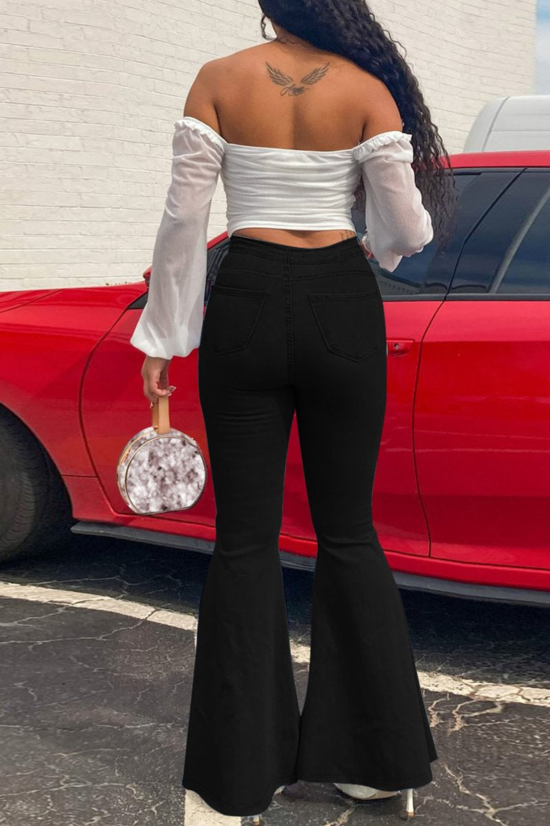 Plus Size Denim High Waist Pocket Flared Jeans