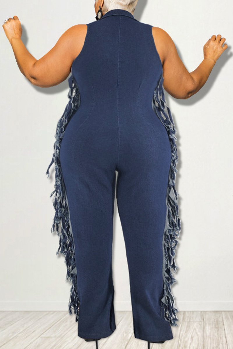 Plus Size Denim Hole Tassel Hem Zipper Jumpsuit