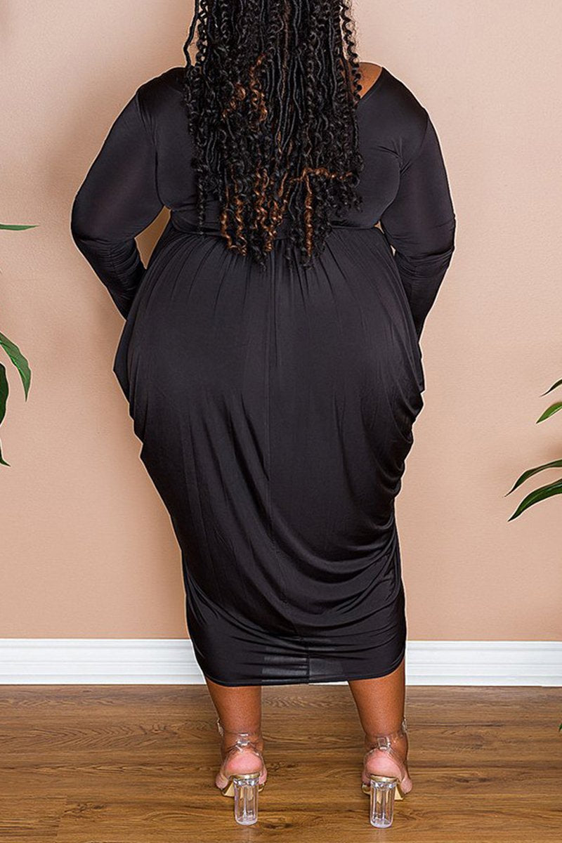 Plus Size Deep V-Neck Ruffle Slit Midi Dress