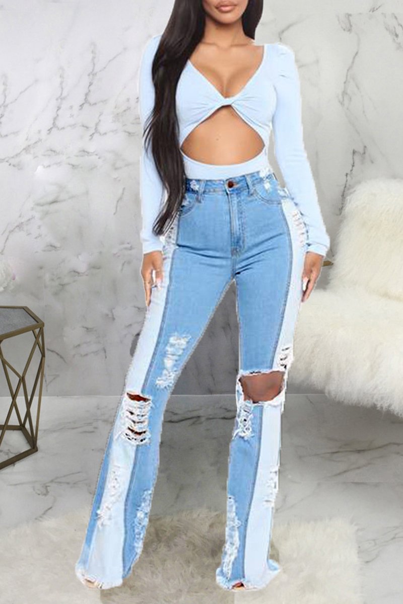 Plus Size Denim Color Patchwork Hole Distressed Jeans