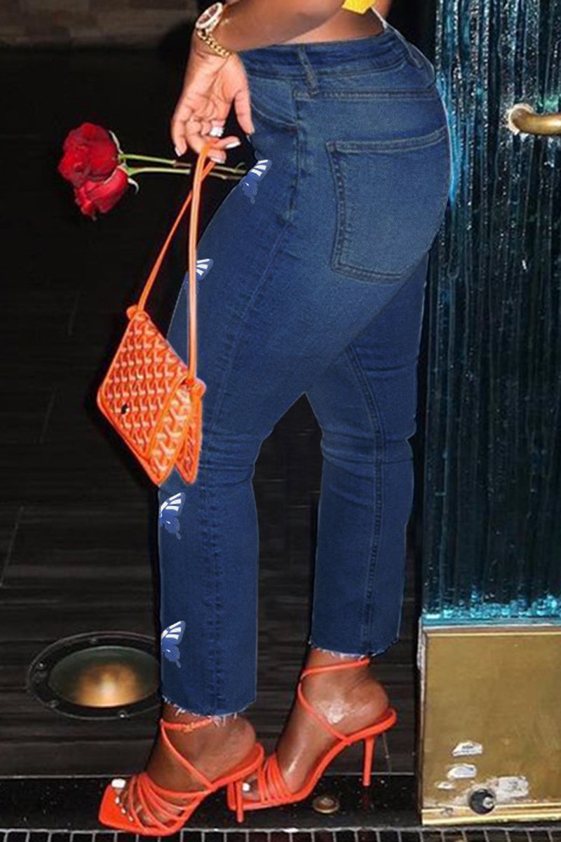 Plus Size Denim Butterfly Print Pocket Jeans
