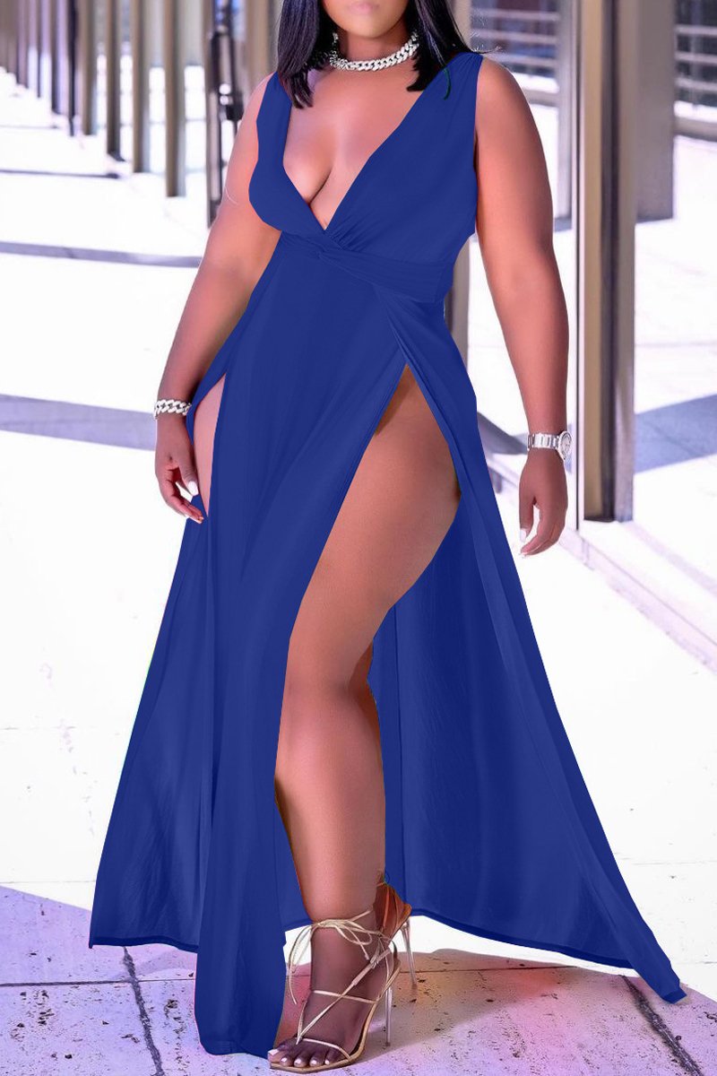 Plus Size Deep V-Neck High Slit Maxi Dress