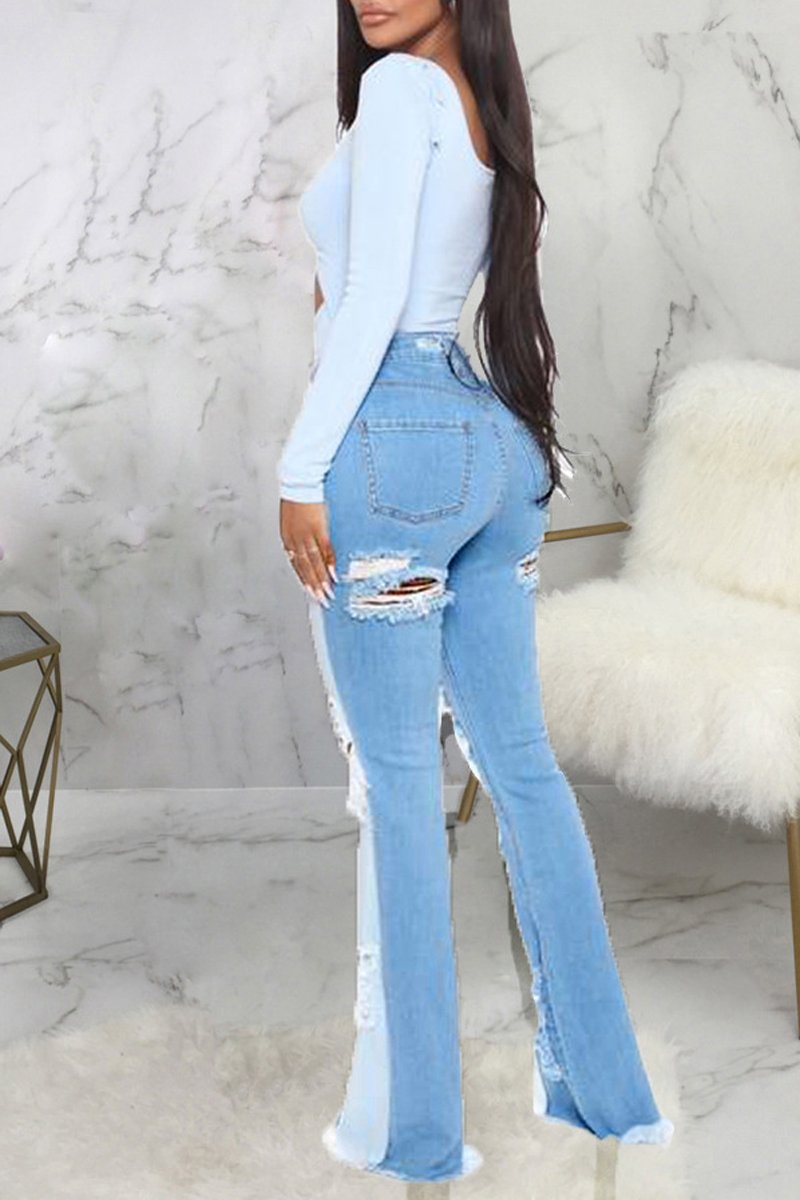 Plus Size Denim Color Patchwork Hole Distressed Jeans