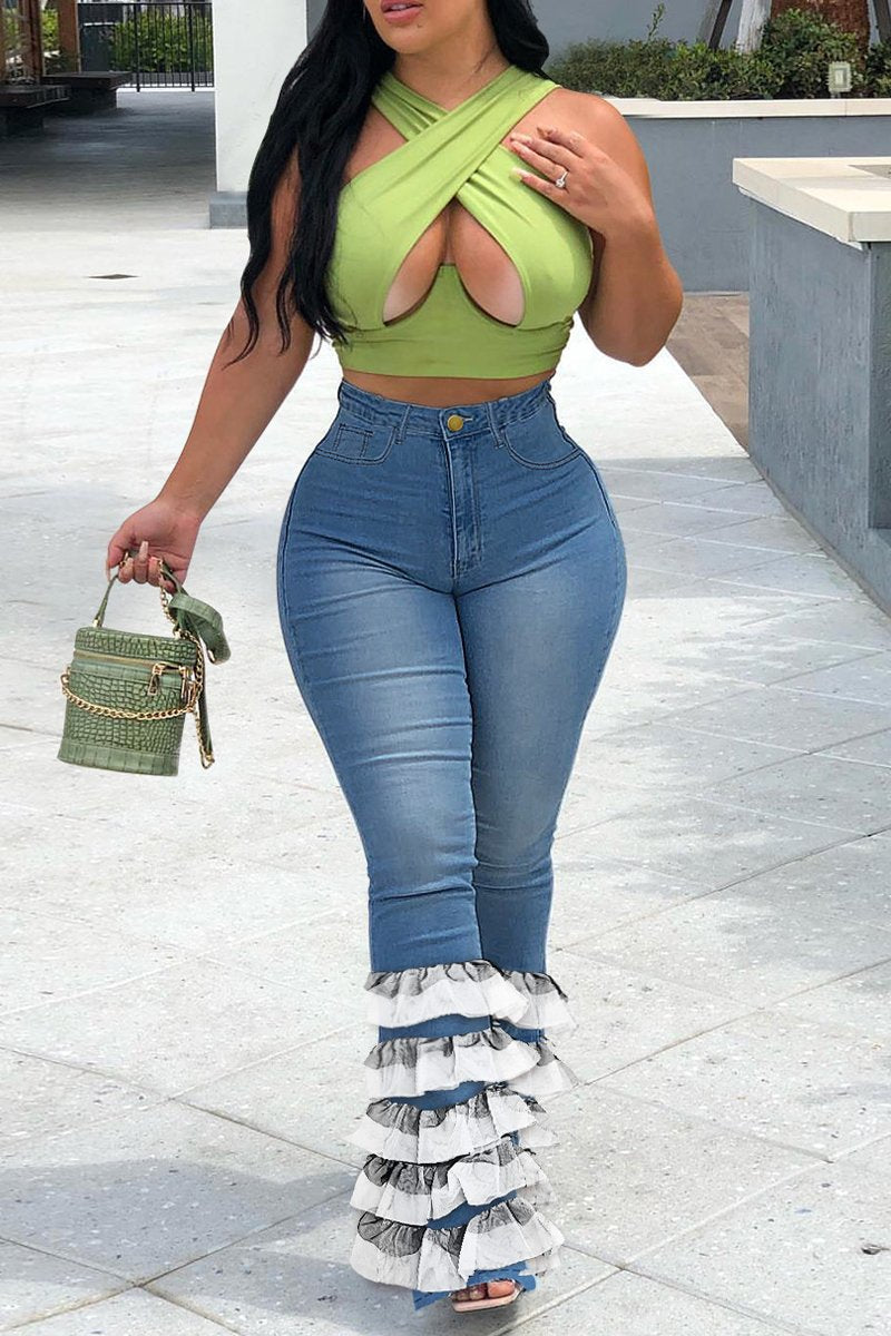 Plus Size Denim Lace Hem High Waist Flared Jeans