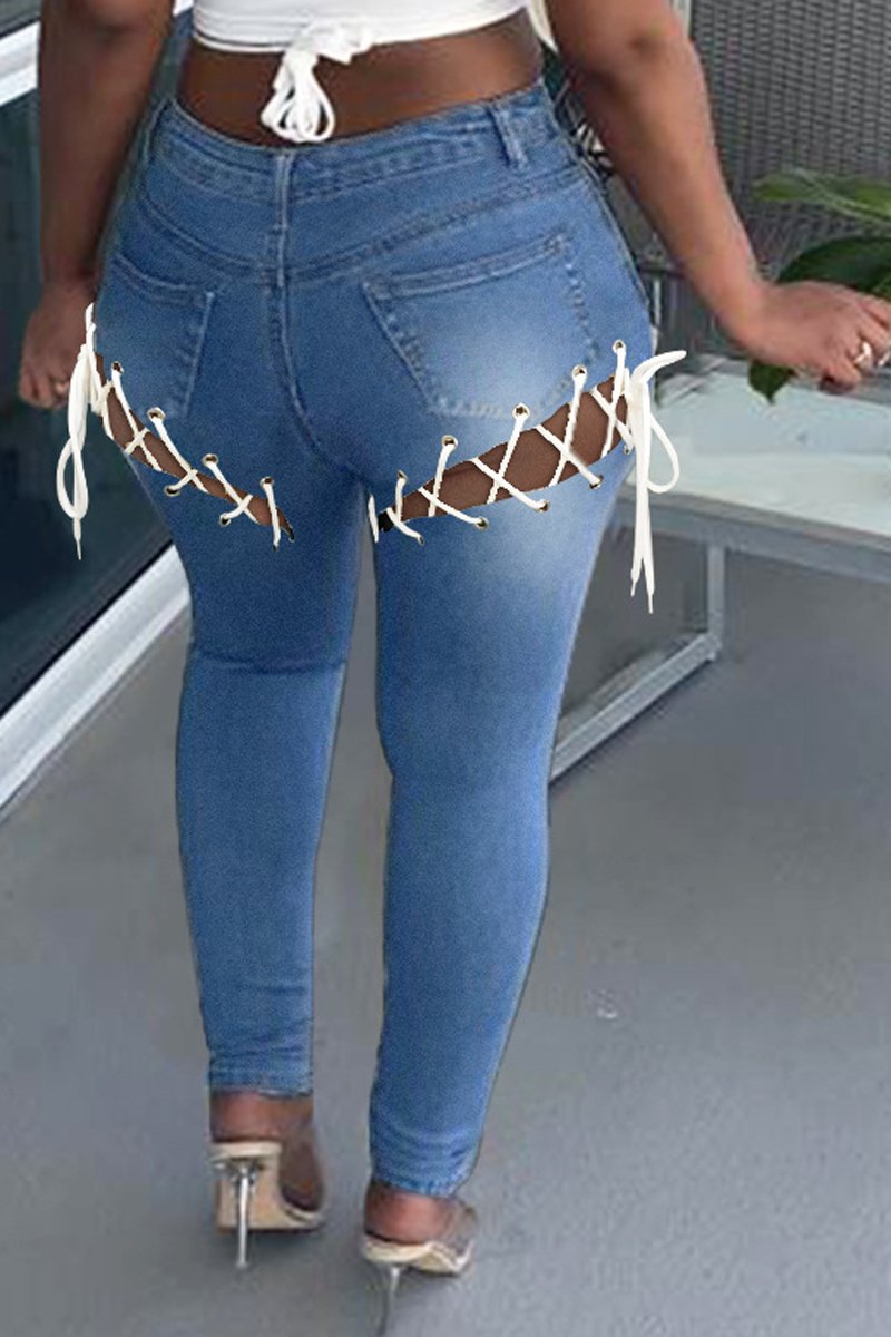 Plus Size Denim Back Bandage Mid Waist Jeans