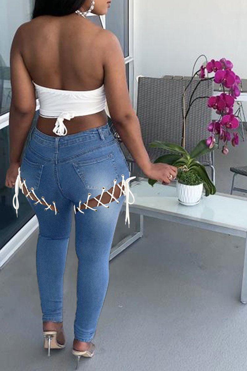 Plus Size Denim Back Bandage Mid Waist Jeans