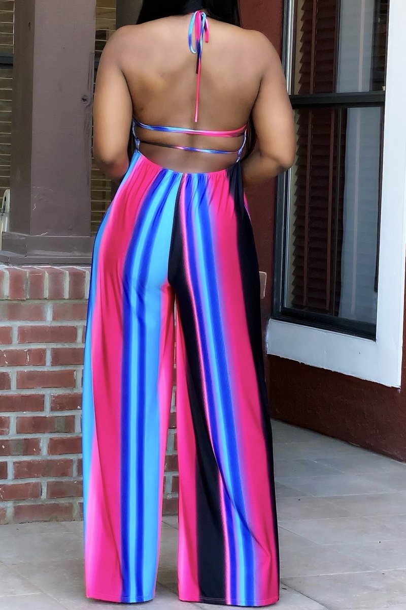 Plus Size Color Splicing Hang Neck Jumpsuit