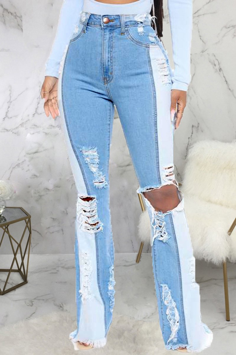 Plus Size Denim Color Patchwork Hole Distressed Jeans