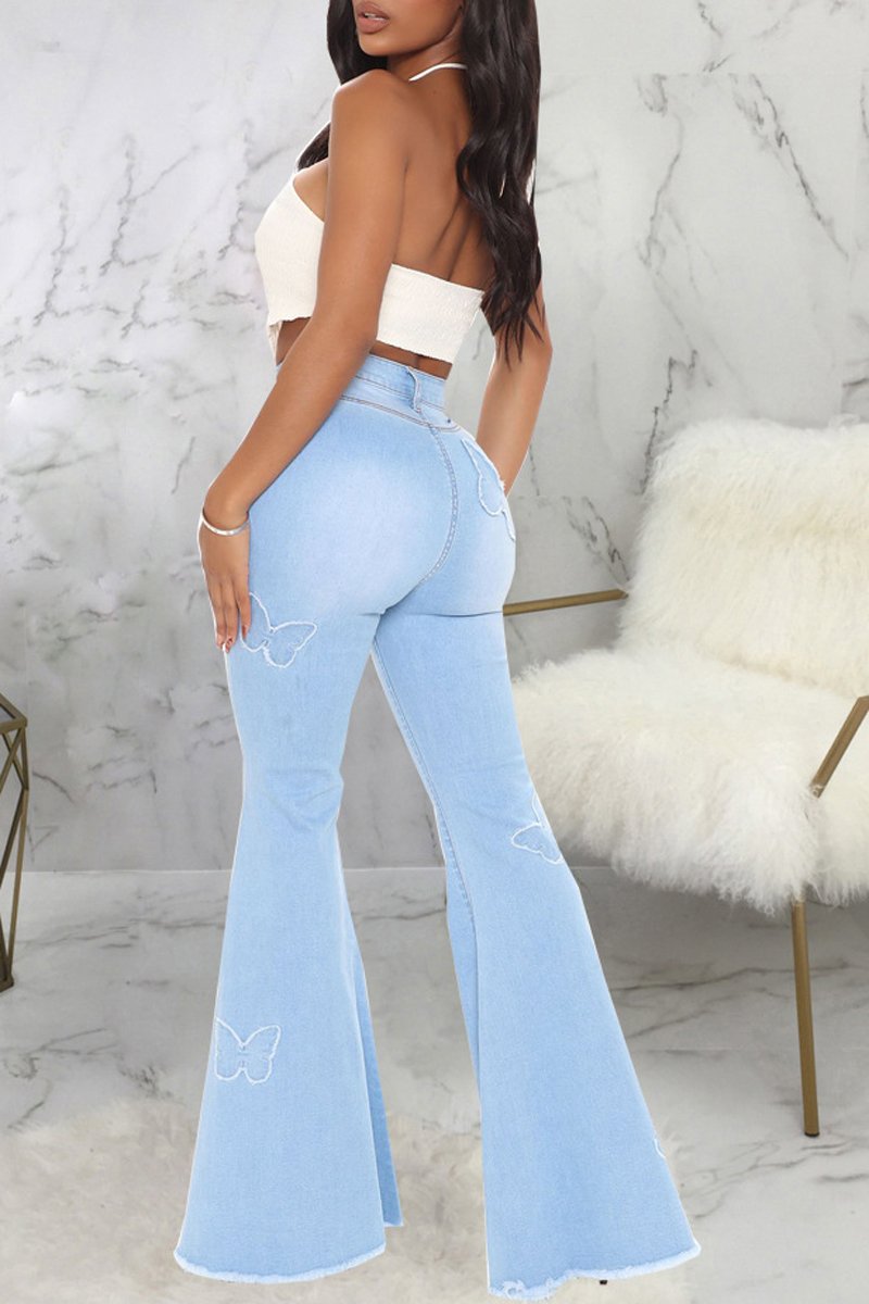 Plus Size Denim Butterfly Print Flared Jeans