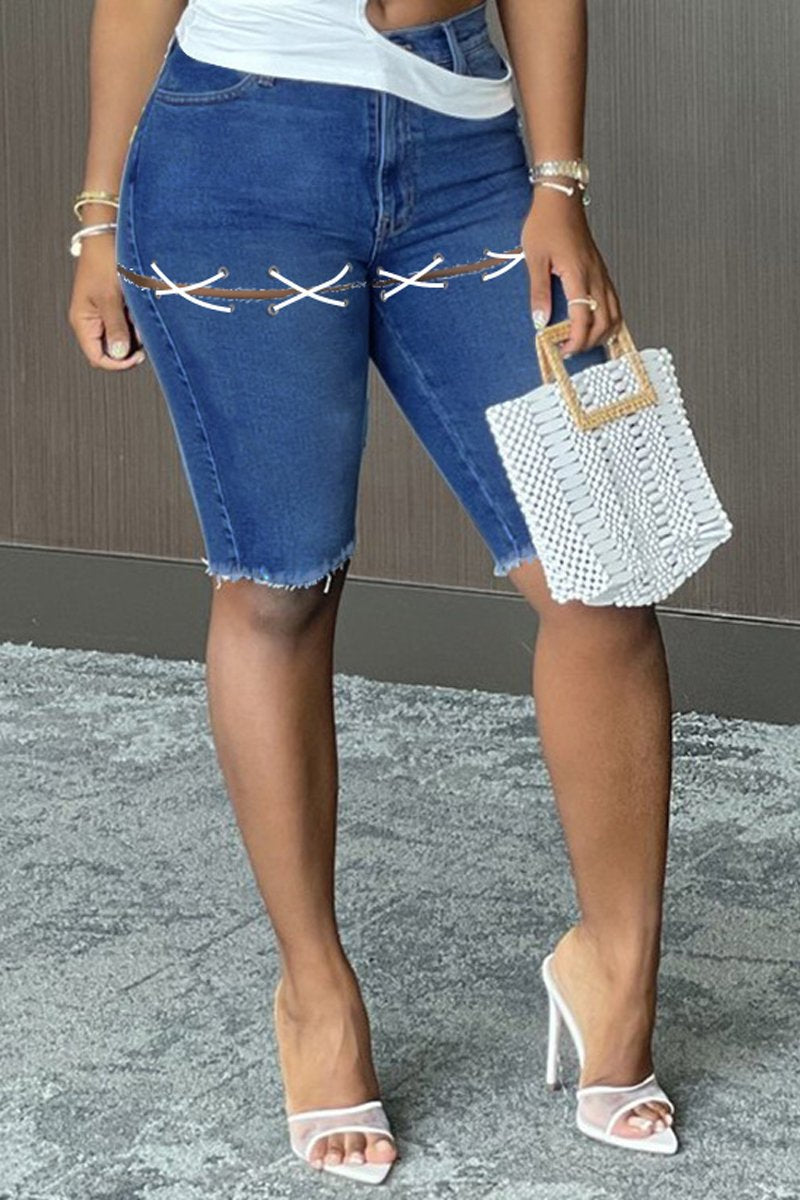Plus Size Denim Blue Pocket Bandage Shorts