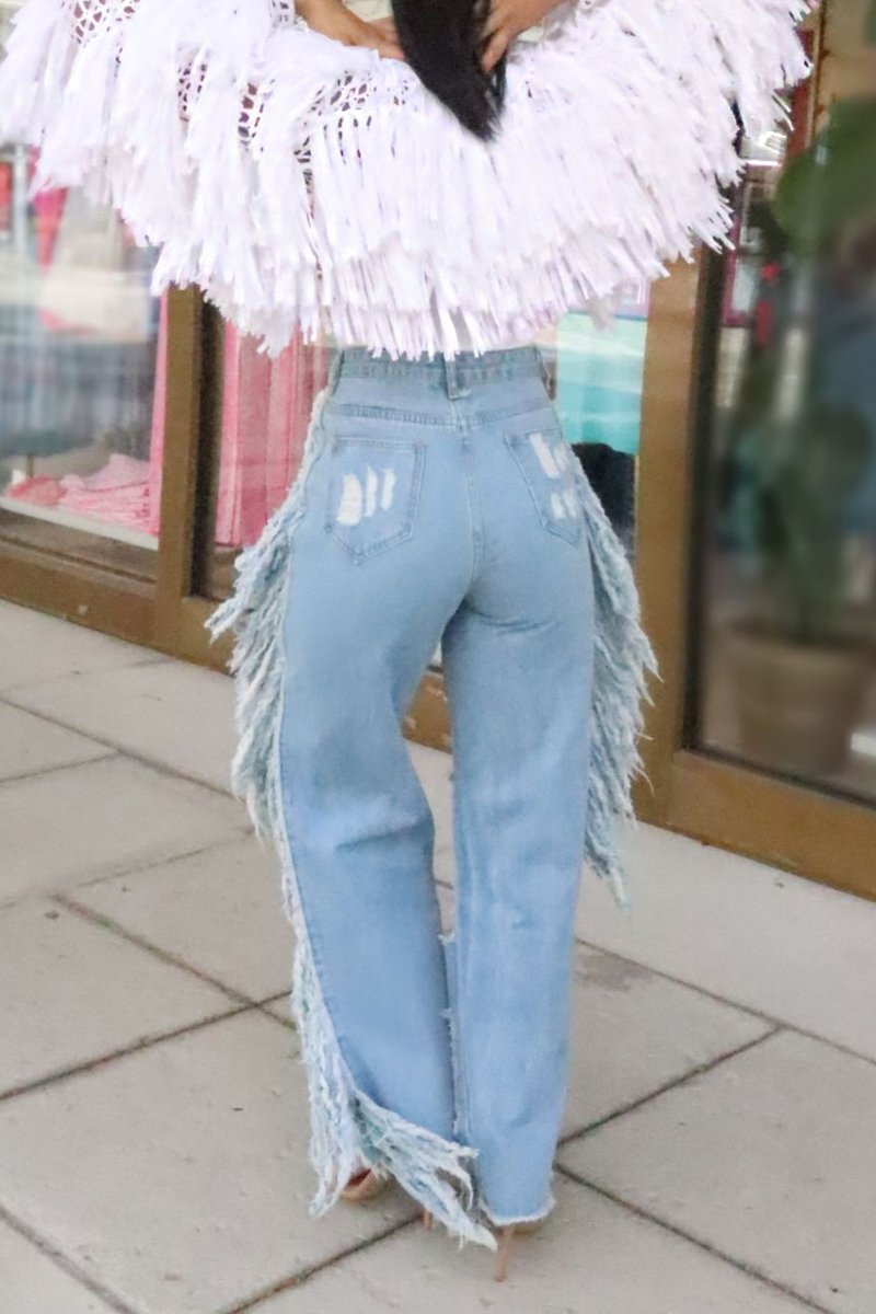 Plus Size Denim Tassel Hem Sequin Hole Wide Leg Jeans