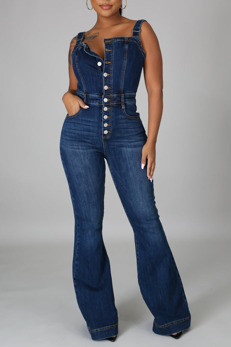 Plus Size Denim Halter Button Up Flare Jumpsuit