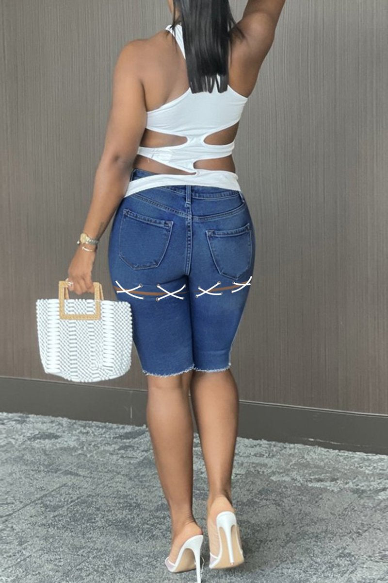 Plus Size Denim Blue Pocket Bandage Shorts