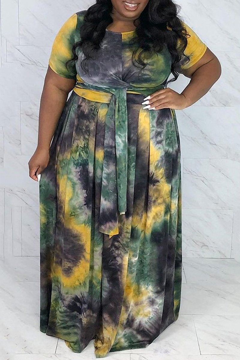 Plus Size Digital Print Lace-up Top & Skirt